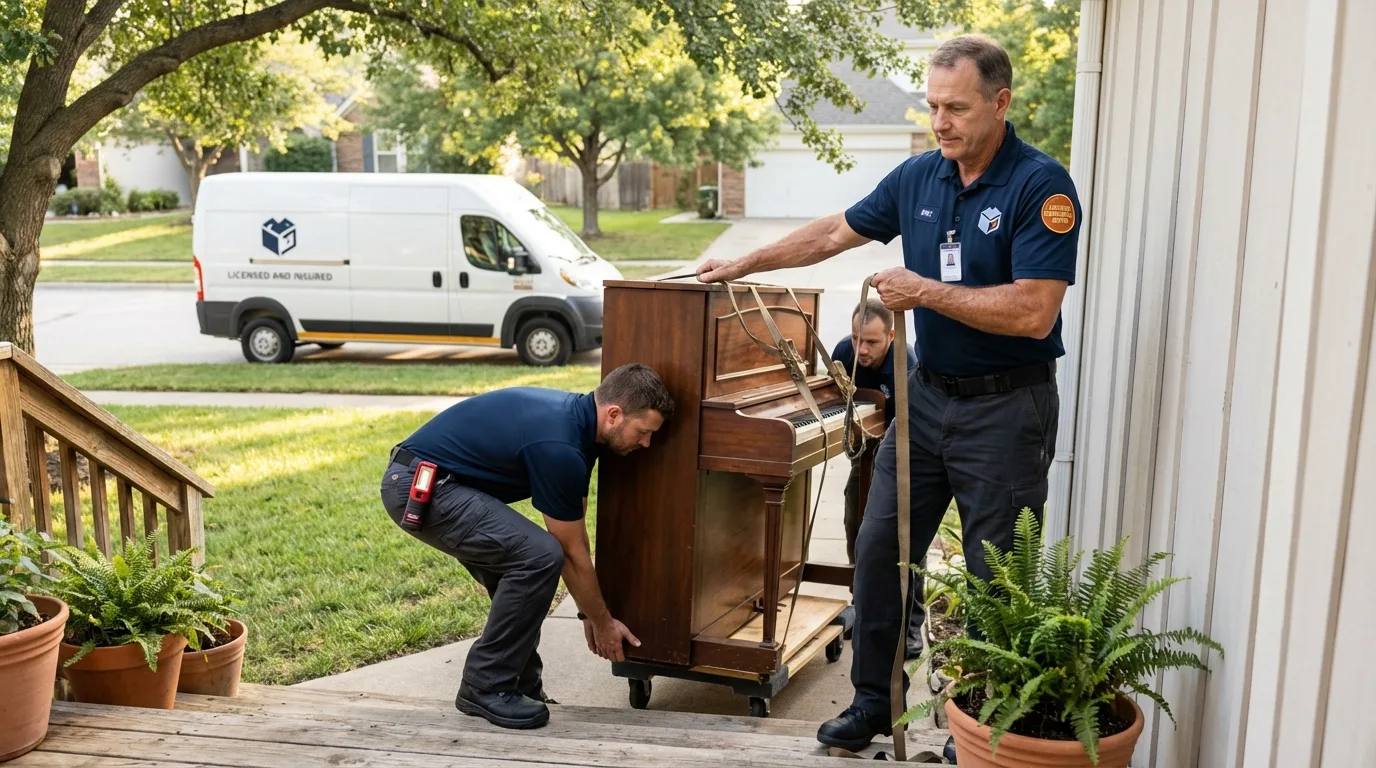 Licensed piano movers securing grand piano in West Jefferson, NC