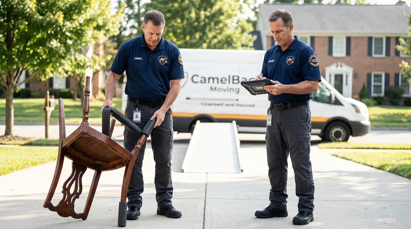 Movers inspecting furniture for damage prevention before loading in West Jefferson, NC