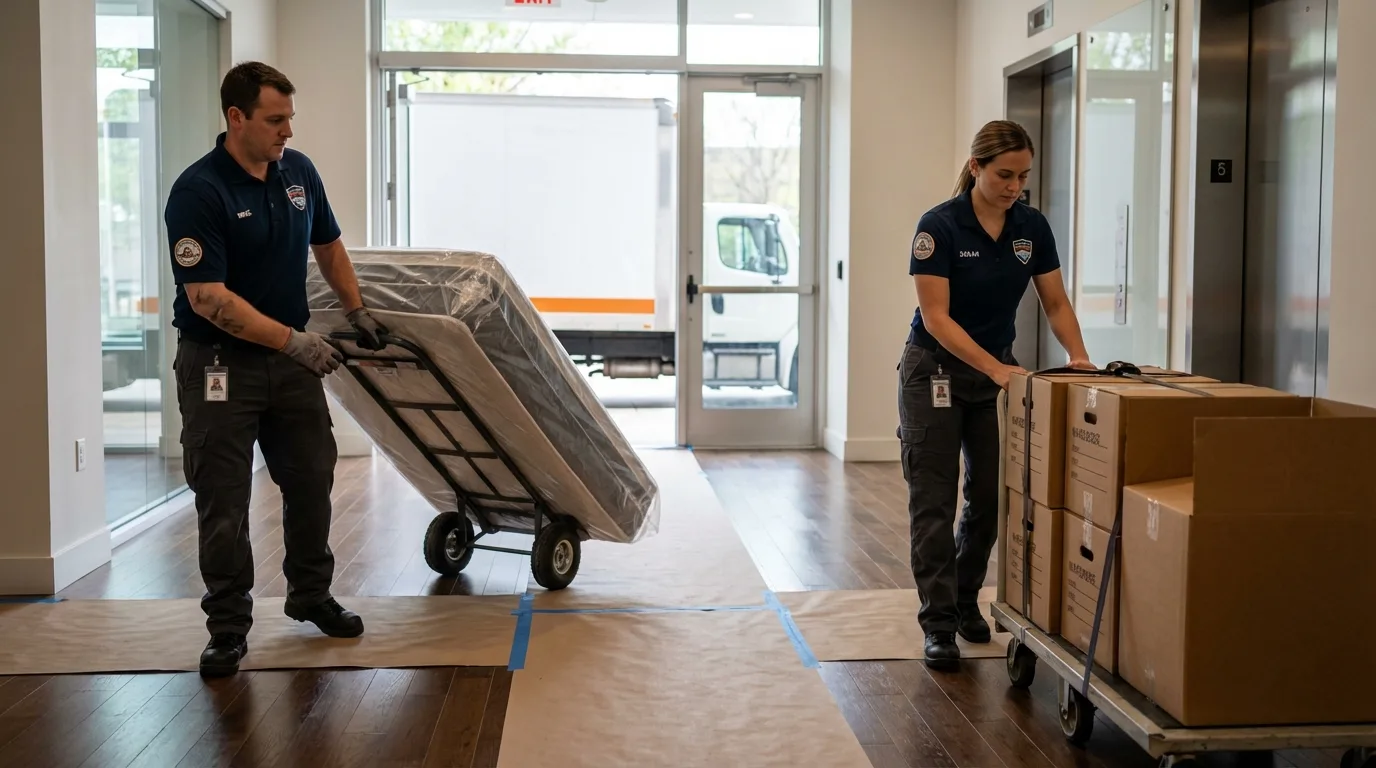 Professional apartment movers loading elevator in West Jefferson, NC